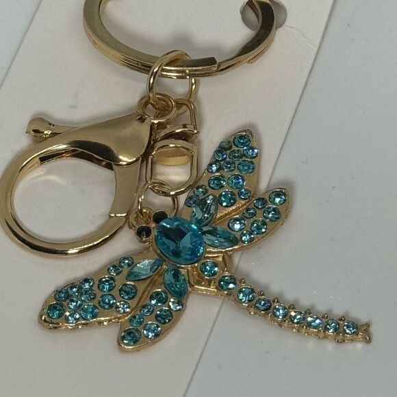 BAG CHARM Blue Crystal Dragonfly Keychain Charm - Gold Accent - Picture 3 of 9